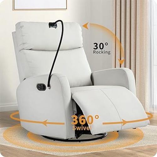 Swivel Rocker Recliner Chair for Nursery, Upholstered 360° Leather-air Glider Rocking Chair with Phone Holder, Manual Small Recliners for Small Spaces Living Room