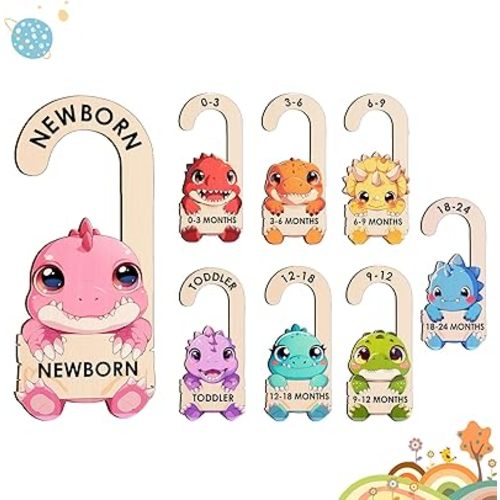 Baby Clothes Dividers for Closet - Wooden Baby Size Closet Dividers Newborn to 24 Months, Unique Dinosaur Design Babies Clothes Organizer for Nursery Decor Gender-Neutral Newborn Hangers (Set of 8)