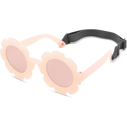 Bouryo Flexible Baby Polarized Flower Sunglasses with Strap Bendable Frame for Infant Boys Girls Ages 0-24 Months