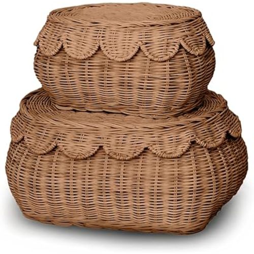 The Original Scalloped Basket Set Of 2 - Small Scallop Basket - 15 x 10 x 6 In - Hand-Woven & Award-Winning - Elegant Wicker With Scalloped Edge Lid - Nursery Storage - (Mocca)