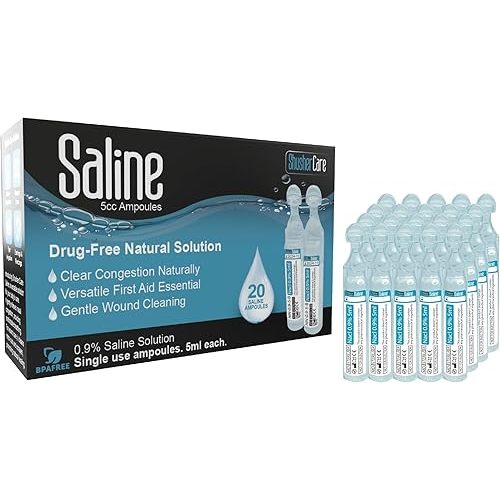 Saline Ampoules - Saline Solution for Nebulizer, Sodium Chloride 0.9% for Nose, Nasal Cleanse for Babies, Kids, & Adults, Sterile Nasal Care, Wound Cleansing - 20 Count (5ml Each)