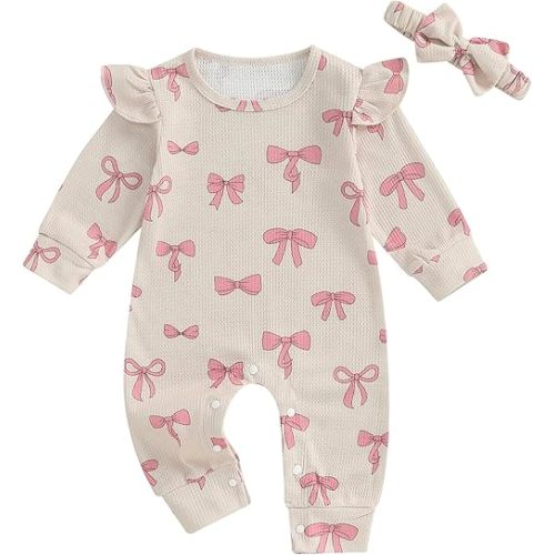 Newborn Baby Girl Clothes Ruffle Long Sleeve Romper Waffle Knit One Piece Jumpsuit Fall Outfit with Bow Headband