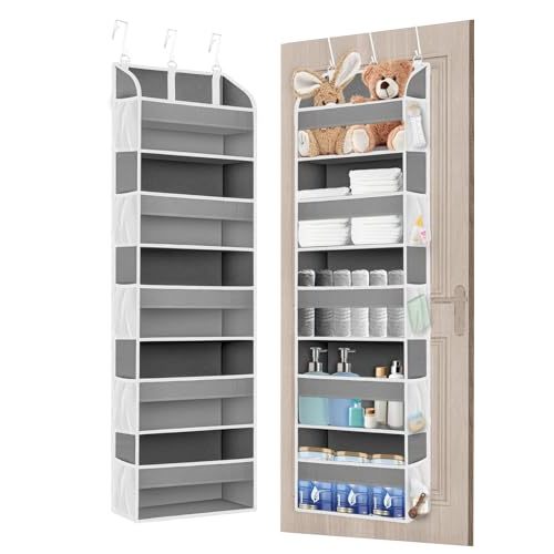 TAHAVICE 1 Pack Over The Door Storage Organizer with 5 Pockets 10 Mesh Side Pockets, 44 lbs Weight Capacity Door Hanging Organizers and Storage for Bedroom,Bathroom,Nursery,Pantry,Dorm(Light Gray)