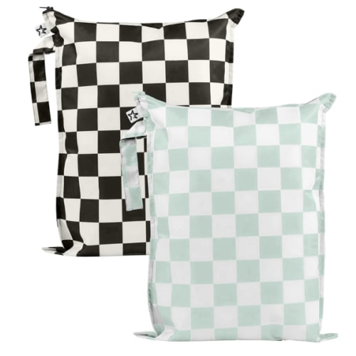 Tiny Twinkle Mess-Proof Waterproof Wet Dry Bag | 2-Pack Reusable Wet Bags for Swimsuits & Baby Clothes | Leakproof Wet Bag for Travel & Diaper Changes for Baby (Black, Green Checkers)