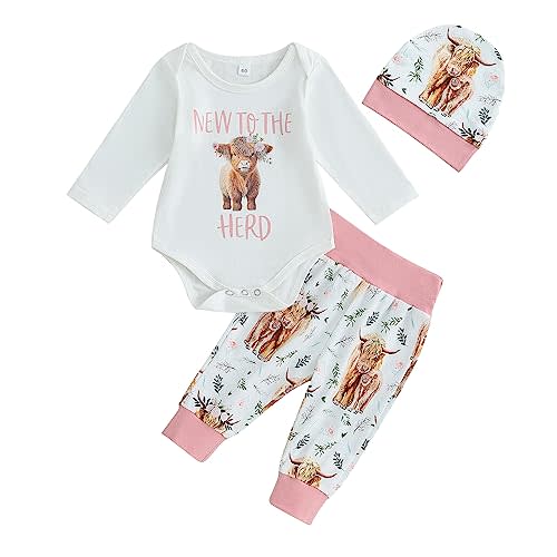 Omkzanbi New to the Herd Newborn Boy Girl Bodysuit Onesie Highland Cow Jogger Pants Hats Western Coming Home Cute Fall Outfit