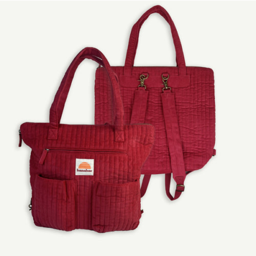 Corduroy Quilted Convertible Backpack - Cherry