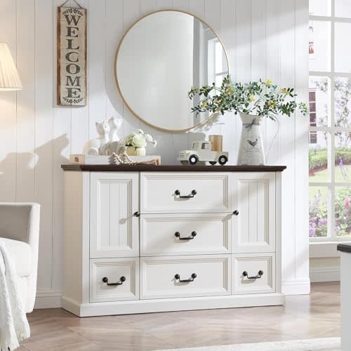 IFGET Farmhouse 5 Drawers Dresser for Bedroom, Wood Rustic Storage Organizer Closet Chest, Chest of Drawers w/Groove Barn Door&Shelf for Closet, Living Room, Dining Room, Hallway-White