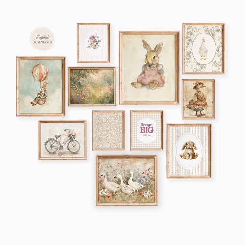 Vintage Nursery Gallery wall art, Girl Pink Beige nursery artwork, Antique Storybook pictures, Set of 11, Cottagecore Decor, Infant room