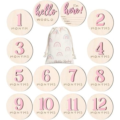 7 Pack 3D Baby Monthly Milestone Card Signs Baby Announcement Sign Double Sided Hello World Newborn Signs Wooden Circles Discs for Welcome Newborn Boy Girl Photo Props (Pink,Number)