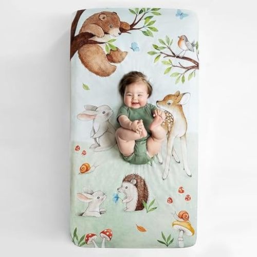 Rookie Humans 100% Cotton Sateen Fitted Crib Sheet: Enchanted Forest. Modern Nursery, Use as a Photo Background for Your Baby Pictures. Standard Crib Size (52 x 28 inches) Woodland Theme