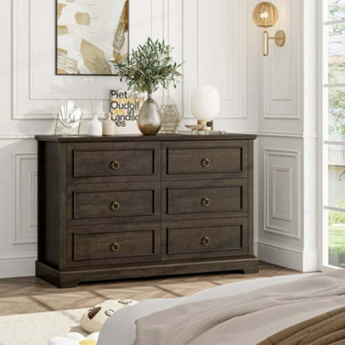 Homfa 6 Drawers Horizontal Dresser for Bedroom, 47.2'' Wide Farmhouse Chest of Drawers Storage Cabinet for Living Room, Entryway, Hallway, Dark Brown