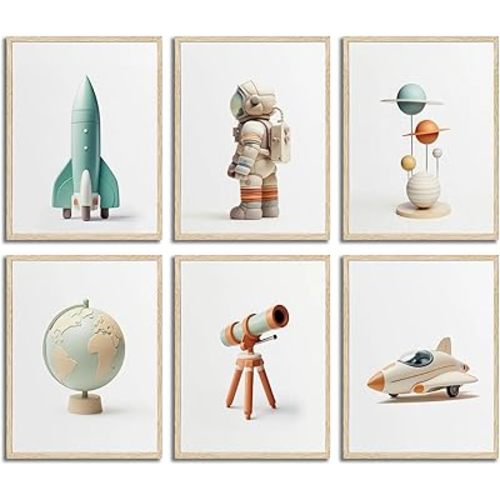 6pcs Nursery Astronaut Canvas Wall Art Boys Room Space Wall Decor Pictures Rocket Spaceman Earth Posters Prints for Classroom Toddler Boys Room Playroom Decoration Unframed