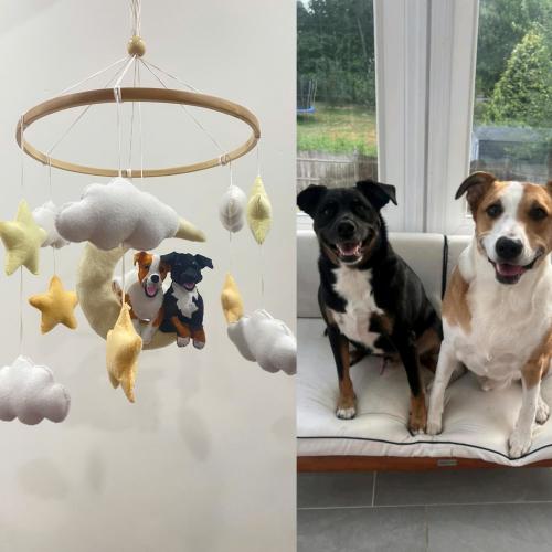Custom Dog Mobile, Personalized Dog On The Moon Mobile, Nursery Nursery Decor, Hanging Mobile, Cirb Mobile, Nursery Baby Mobile