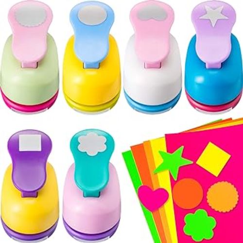 Craft Holes Punch 1 Inch Paper Punchers Scrapbook Punches with Craft Sticker Paper, Round, Star, Square, Heart, Flower, Wave Circle Shape (16 Pieces)