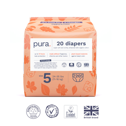 Pura Sensitive Soft Sustainable Baby Diapers Size 5, 120 Count (Choose Your Size and Count)