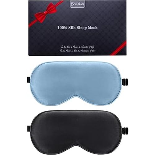 BeeVines 100% Real Mulberry Silk 2 Pack Sleep Mask, Pure Silk Eye Masks with Adjustable Strap for Sleeping, 100% Block Light Eye Shade Cover, Reduces Puffy Eyes Traveling Gifts(Black & Pastel Blue)