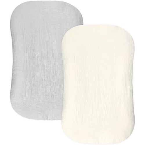 Hooyax Muslin Baby Lounger Cover 2 Pack, Organic Cotton Removable Slipcover for Newborn,Baby Padded Lounger Infant Floor Seat Cover for Boys Girls (Gray Creamy-White)