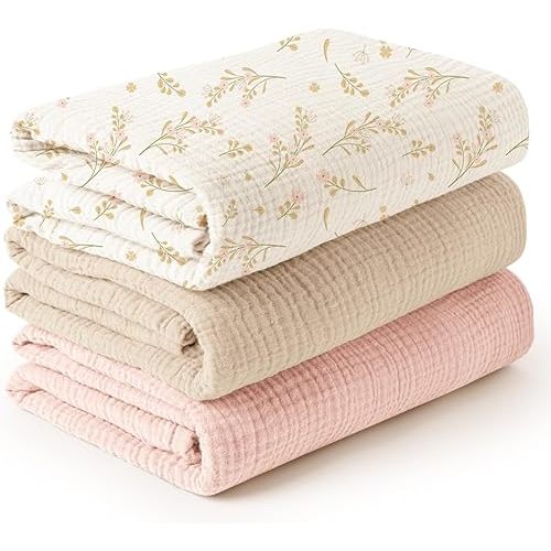 Konssy 3 Pack Muslin Swaddle Blankets for Unisex, Newborn Receiving Blanket, Large 47 x 47 inches, Soft Breathable Muslin Baby Swaddles for Boys & Girls