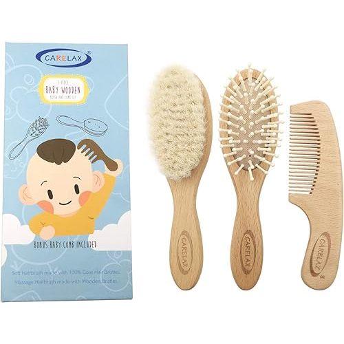Baby Hair Brush & Comb Set, Organic Wooden Hairbrush Natural Goat Bristles 3-Piece for Newborns & Toddlers, Ideal for Cradle Cap & Itching, Perfect Shower and Registry Gift for Infant, Toddler, Kids