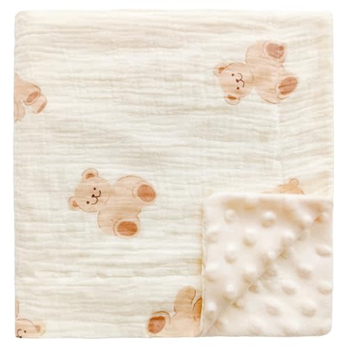 Muslin Baby Blanket Soft Double Layer 100% Muslim Cotton Plush Fluffy Dotted Fleece Back Swaddle Blankets Neutral Receiving Bassinet Bed Nursery Quilt for Babies Toddler Girls Boys 30 x 40 Inches