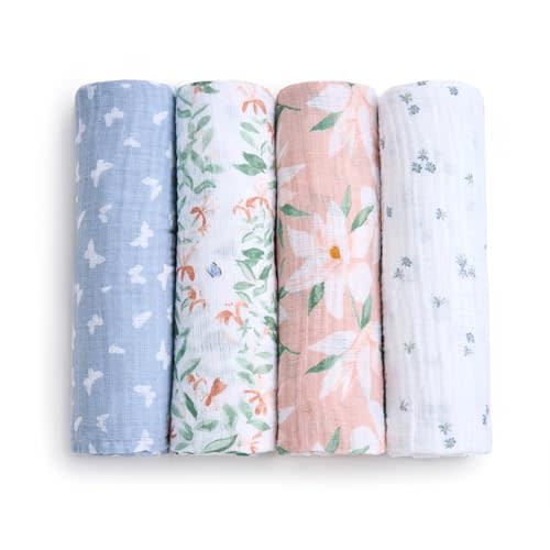 aden + anais Essentials Cotton Muslin Swaddle, Receiving Blanket, 4 Pack, Butterfly Garden
