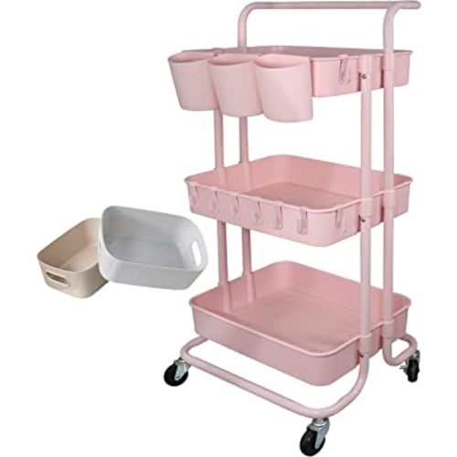 3 Tier Utility Rolling Cart Storage Organizer Shelf Rack with 3PCS Hanging Cups + 8PCS Hooks + 2PCS Storage Box for Home Office Kitchen Bathroom Storage (Pink 3 Cup+8 Hook+2 Storage Box)