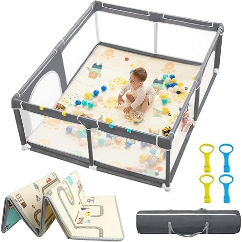dearlomum Baby Playpen with Mat 71" X 59", Extra Large Play Yard for Babies and Toddlers, Safety Baby Fence, Indoor & Outdoor Kids Activity Play Center with Anti-Slip Suckers and Zipper Gate(Grey)
