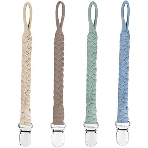 4 Pcs Pacifier Clip, Pacifier Clips for Boys & Baby Girls Pacifier Holder Clip Binky Clips Braided 100% Handmade Fits All Pacifiers(Blue, 4 Pack)
