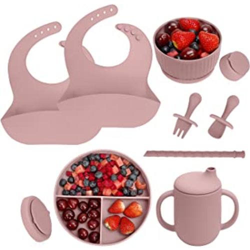 CSFICTS Silicone Baby Feeding Set - Baby Led Weaning Supplies - Silicone Suction Plate Bowl Spoon Fork Straw Cup Bibs, Baby Self Feeding Eating Utensils Dishes Set, 6 Months