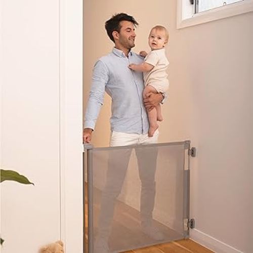 Retractable Baby Gate Perma Child Safety 33" Tall x 55” Wide, Mesh, for Stairs, Doorways, Dogs, Pets, Indoor, Outdoor, One-Handed Operation, Locking, Easy Install, Hardware Mount, Gray