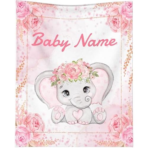 Custom Elephant Baby Blanket for Girls Women Pink Flowers Personalized Blanket with Name Soft Flannel Lightweight Throw Blankets for Bedding Practical Gifts X-Small 40×30in for Toddlers