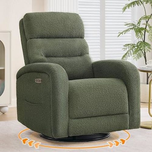 Power Glider Recliner Nursery Chair,Swivel Rocker Recliner with Adjustable Backrest Support,Teddy Nursery Rocking Chairs Recliner with USB and Type-C Ports for Nursery Living Room(Green)