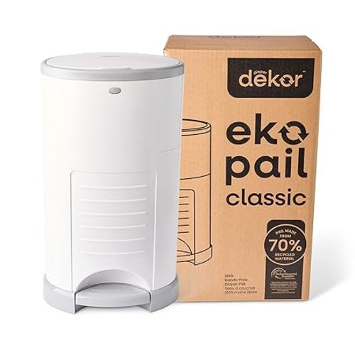 Diaper Dekor EKO Classic Diaper Pail, White | ONLY Eco-Friendly Diaper Pail Made with 70% Recycled Materials | Hands-Free: Step–Drop–Done | Cost-Effective Refill System