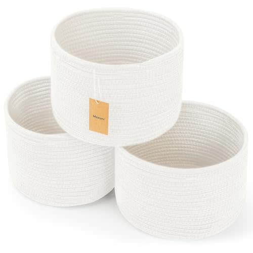 Maxuni Small Rope Baskets for Storage, Baskets for Gifts Empty, Cute Round Woven Baskets, Decorative Shelf Basket 9.82×9.82×7.1", Cotton Toy Basket Storage Bins for Organizer 3 Packs White