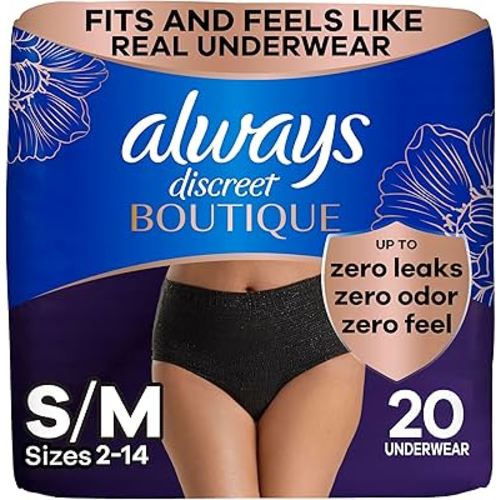 Always Discreet Boutique Incontinence and Postpartum Underwear for Women, Maximum Protection, Small/Medium, Black, 20 Count