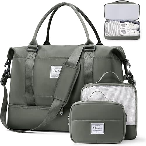 Weekender Bags for Women, Travel Duffel Bags with Shoe Compartment & Wet Pocket,Personal Item Travel Bag for Airlines,Carry on Overnight Tote Bag for women,3Pcs Set,Olive Green