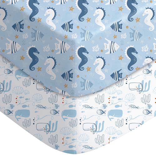 Yoofoss Pack and Play Sheets Fitted, Mini Crib Sheets 2-Pack for Pack N Play Mattress, Stretchy Playard Sheet, Soft and Breathable Submarine World