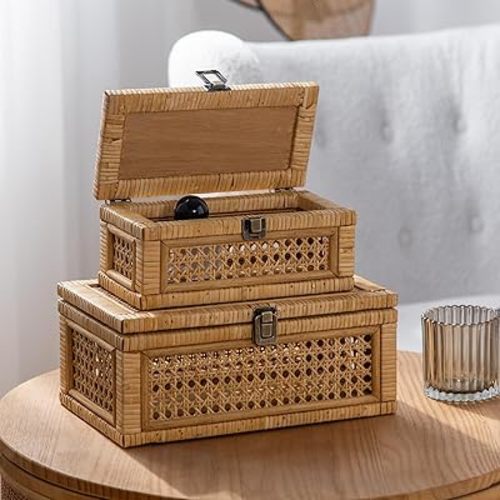 Rattan Decorative Box, Boho Display Boxes with Lids, Set of 2 Rectangular Wicker Storage Basket, Natural Woven Cane Bins for Home Decor (Rectangular)