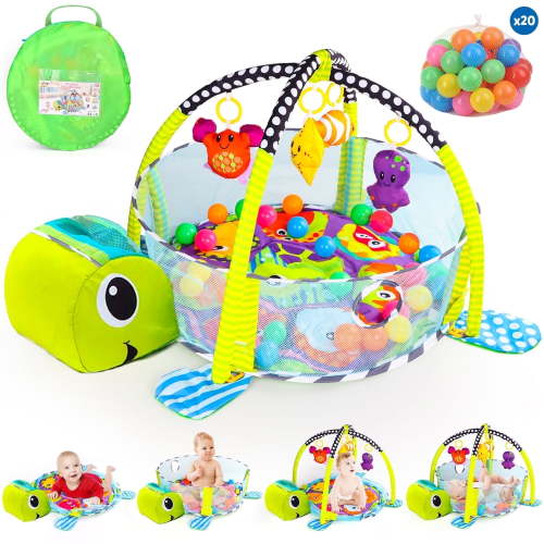 UQN Baby Play Gym, 3 in 1 Baby Play Gym Activity Mat, with Hanging Toys and Ocean Balls, Gifts for Newborn Baby 0 to 3 6 9 12 Months, Green Turtle