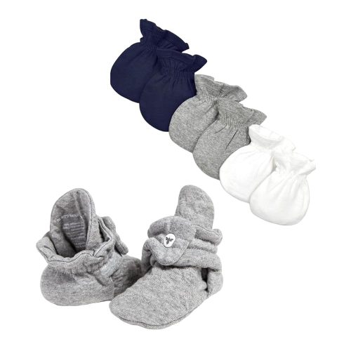 Burt's Bees Baby Bundle Baby Essentials – Quilted Bee Booties Heather Grey (3-6 Months) + 3-Pack Solid Mitts Midnight (One Size), Organic Cotton Baby Essentials for Warmth & Comfort