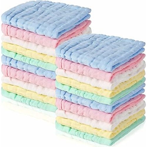 20 Pack Baby Muslin Washcloths Natural Muslin Cotton Baby Wipes Soft Newborn Baby Face Towel Absorbent Muslin Washcloth for Sensitive Skin Baby 12x12 inches (Blue, White, Green, Yellow, Pink)