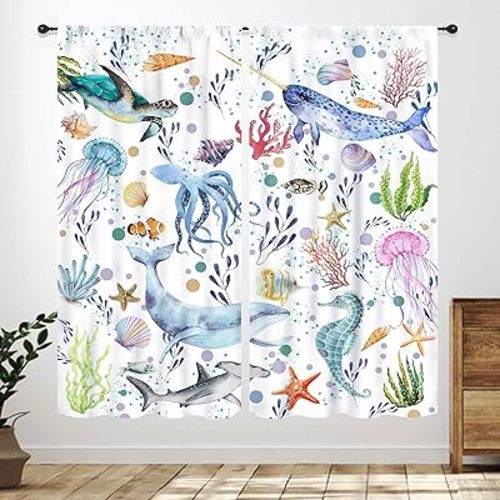 Kids Shark Curtains,Cartoon Sea Underwater Ocean Whale Turtle Seaweed Blue Funny Marine Animal Kids Toddler Bedroom Living Room Bathroom Nursery Window Treatment Drapes 2 Panels,42X54 Inch