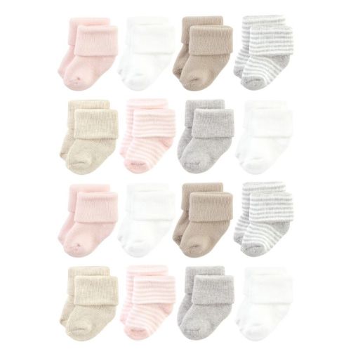 Hudson Baby Cotton Rich Baby Terry Socks 16-pack, Pink Gray Stripe, 6-12 Months