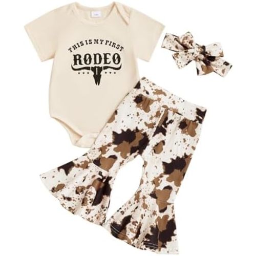 Newborn Baby Girl Western Outfits My First Rodeo Short Sleeve Romper Cow Print Flared Pants Set Country Clothes