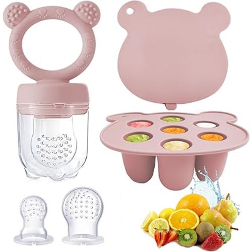 Silicone Baby Food Freezer Tray & Baby Fruit Feeder Pacifier, Breastmilk Popsicle Molds for Teething and Infant Self Feeding, BPA Free Teether for Babies 4 Month+ (Pink)