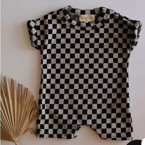 Short Sleeve Ribbed Romper | Black & Grey Checkerboard