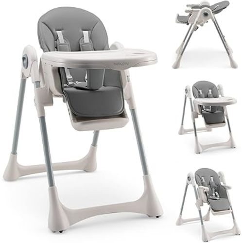 BABY JOY Convertible High Chair for Babies & Toddlers, Foldable Highchair with Adjustable Backrest/Footrest/Seat Height, Double Removable Tray, Detachable PU Cushion, Built-in Front Wheels (Gray)