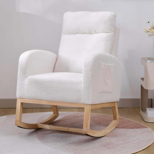 Nursery Rocking Chair with Solid Wood Legs, Glider Chair for Nursery with Two Side Pockets, Rocker Armchair for Living Room Bedroom (White, Teddy Fabric)