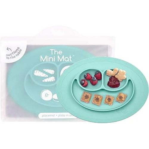 ezpz Mini Mat for 12 Months+ (Aqua) - 100% Silicone Baby Plates with Suction and Built-in Placemat for Infants + Toddlers - Baby Led Weaning - for Highchair, Dining Table and Travel