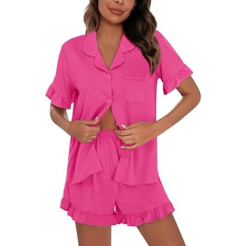 SWOMOG Woman Pajama Set Short Sleeve Pjs Set 2Pcs Short Pajamas Button Down Ruffle Hem Sleepwear Soft Modal Loungewear